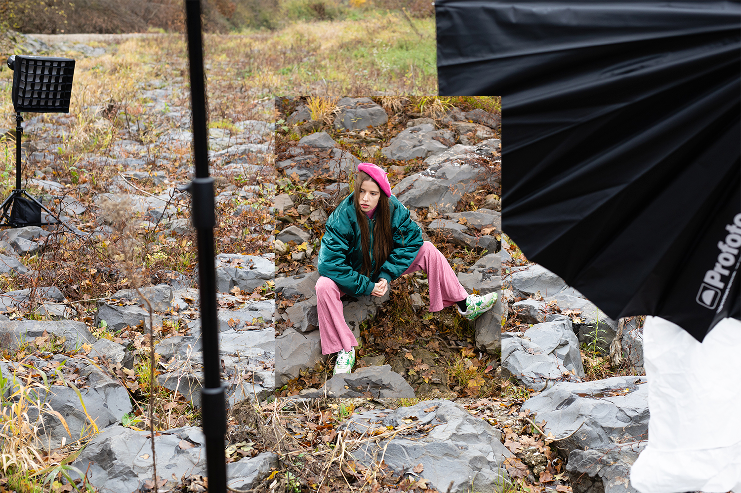 Mode-Fotoshooting on Location, Werbeproduktion im Herbst in der Steiermark mit mobiler Blitzlichtanlage